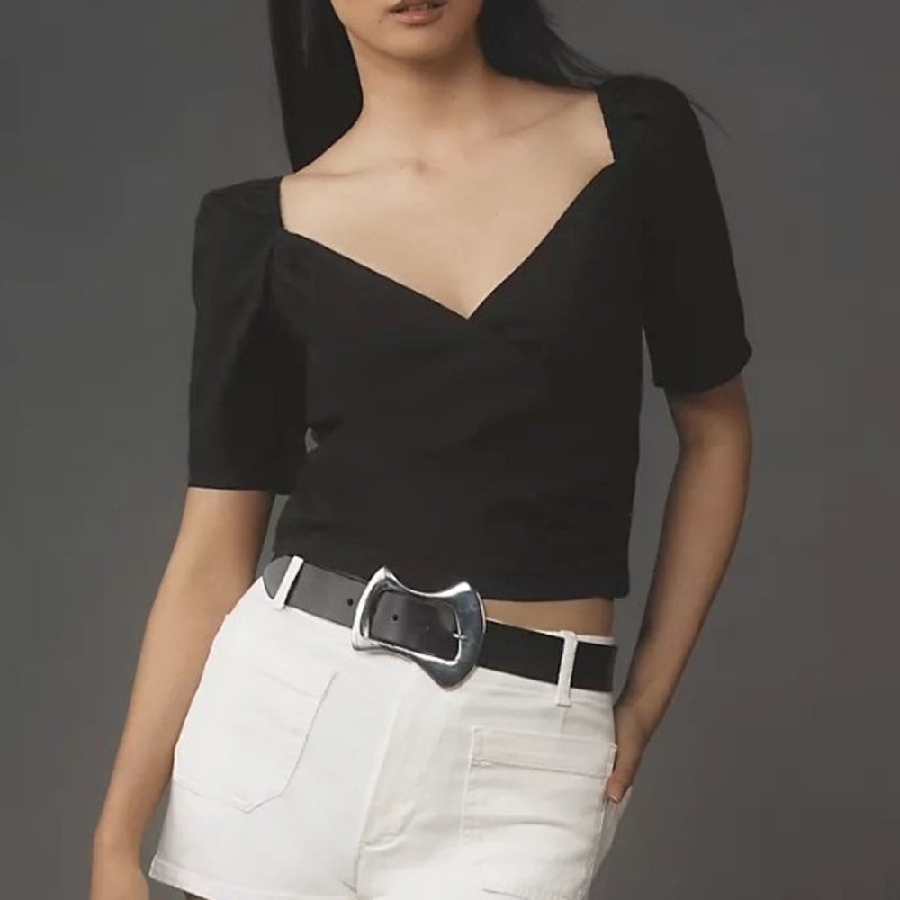 Anthropologie Wrap Puff Sleeve Black Top Small Milkmaid Minimalist Femme Cotton